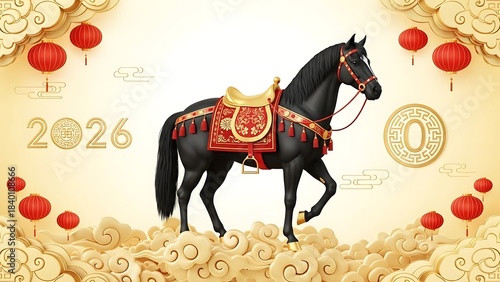 Elegant Black Horse and Red Lanterns on White Background for Lunar New Year 2026
