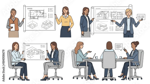 A collection of nine illustrations showing women in architecture and business meetings.