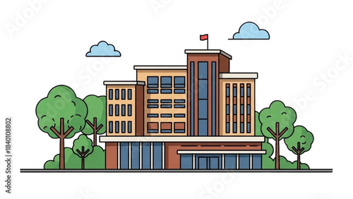 Modern educational institution building shown in a flat vector illustration.