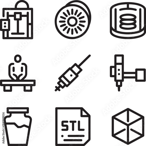 3d printing technology and medical engineering line icons set vector illustration
