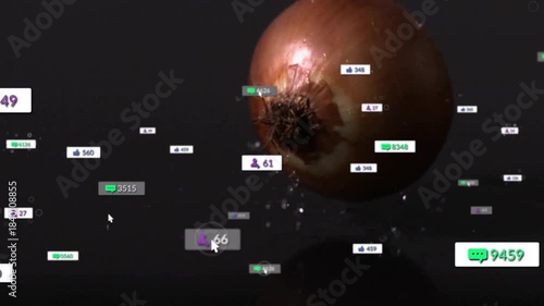 Onion entering top-right, rotating onto glossy plane, badges clustering and pulsing to show metrics