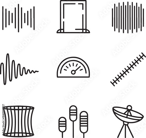 Acoustics, sound waves, radiation, and communication thin line icon set