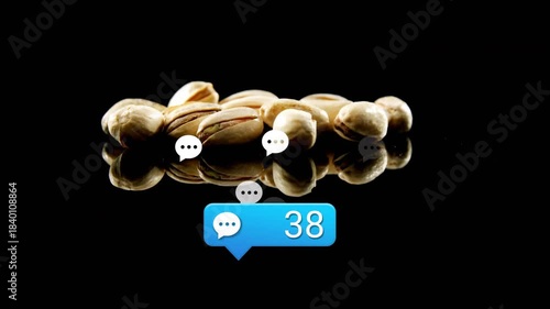 Pistachio pile gaining kernels as blue chat bubble appearing and counting, showing engagement