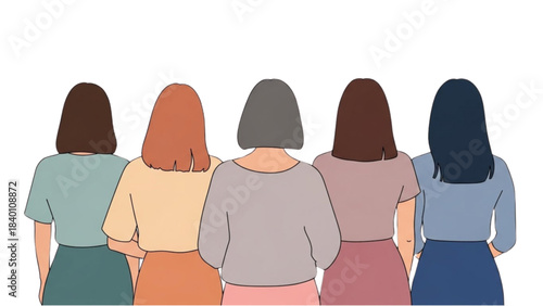 Rear View of a Group of Five Women Representing 21st Century Diversity.