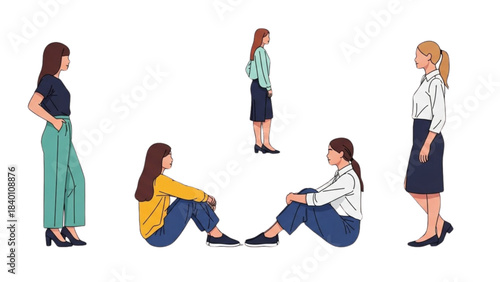Collection of illustrated women in various modern poses and casual outfits.