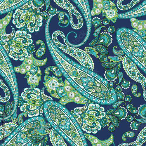 Floral seamless pattern with paisley ornament. Vector illustration in asian textile style