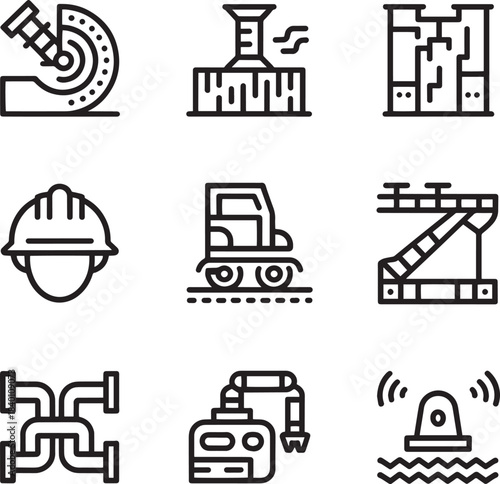 Industrial and construction linear icons featuring machinery pipes safety gear and robots