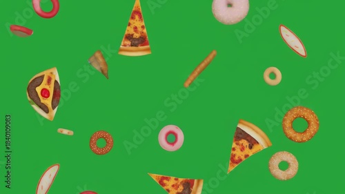 Falling assortment of delicious fast food items including pizza and doughnuts on a vibrant green screen background, perfect for compositing