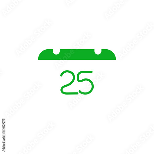 Minimal green calendar icon showing date 25th isolated on white. 