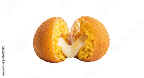 Golden fried arancini rice ball with melting cheese filling image