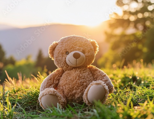 Teddy Bear on a meadow: A heartwarming scene, featuring a cuddly teddy bear sitting serenely in a vibrant green meadow, illuminated by the soft, golden light of dawn or dusk.