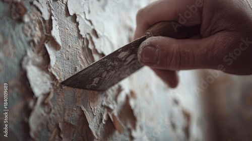 Close-up of a hand scraping paint from a textured wall with a putty knife
