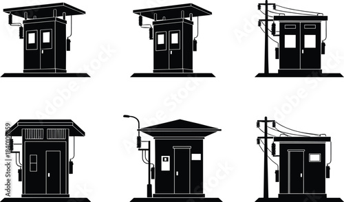 Silhouette of utility buildings, electrical control booths with wiring, substation architecture for urban infrastructure, flat vector