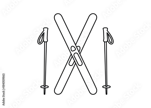 Minimalist outline drawing of crossed skis and ski poles for winter sport and outdoor adventure