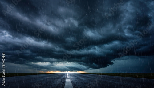 Stormy weather over wet road with dark clouds and rain – dramatic natural atmosphere and moody landscape