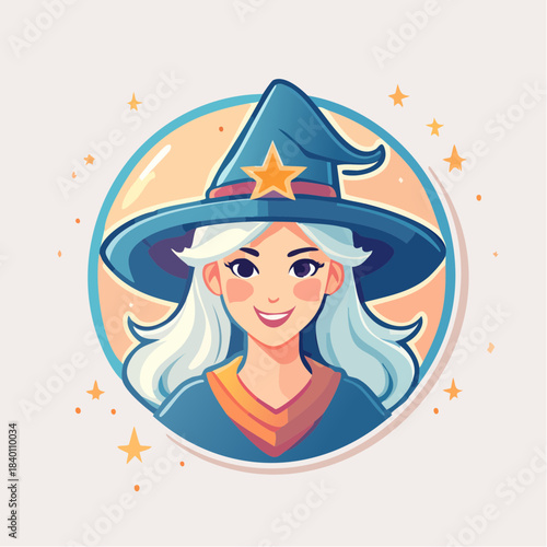 A cartoon image of a smiling witch with a blue hat and white hair, set against a circular background with stars.