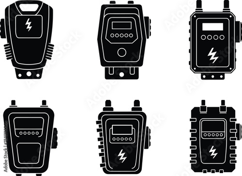 Silhouette power meters, control units, electronic devices, battery packs, smart systems, electricity symbols, flat vector