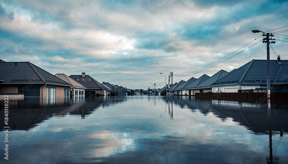 Obraz premium Flooded residential street with rooftops above water, cloudy sky, no people