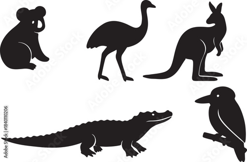 Australian Wildlife Silhouettes Collection - Koala, Kangaroo, Emu, Crocodile, and Kookaburra