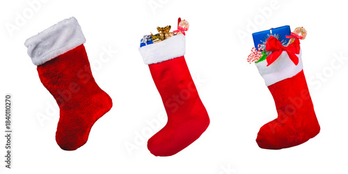 set of red sock of santa with full of gifts and presents