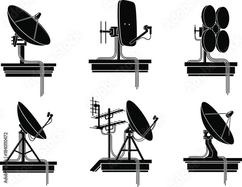 Silhouette rooftop satellite dishes, antennas, communication systems, broadcasting equipment, urban technology, signal devices, flat vector
