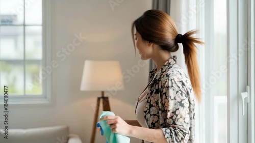 Woman uses a spray and cloth to clean windows in her living room during the day