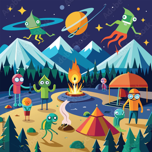 Alien invasion humans camping surreal fantasy colorful vector scene