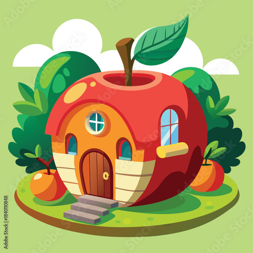 Apple house creative imaginative fruity colorful vector artwork