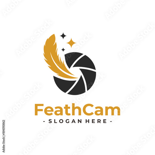 Feather Camera logo design template. Feather icon with camera lens combination. Concept of bird animal wildlife photography, capture, entertainment, media, etc.