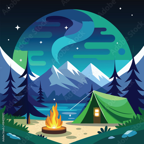 Aurora borealis camping magical night sky colorful vector scene