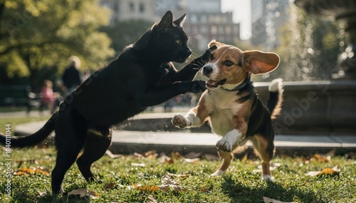 Playful Black Cat and Beagle Puppy Frolicking in Sunny Park