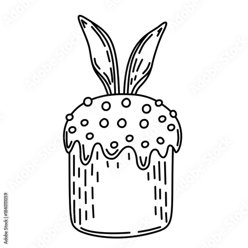 Easter Cake with Bunny Ears and Icing in Black and White Line Vector Art