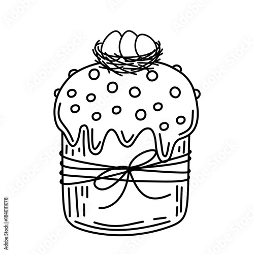 Easter Cake with Bird Nest and Eggs - Hand-Drawn Line Art Vector Illustration