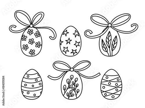A black and white vector illustration of six uniquely decorated Easter eggs, each adorned with a large bow on top. The eggs feature different line art patterns 