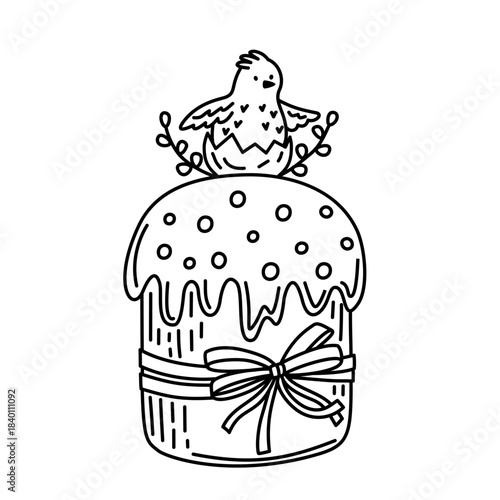 A cute line art vector drawing of an Easter cake topped with a hatching baby chick and decorative leafy elements. The cake is tied with a ribbon and decorated with sprinkles and icing. 