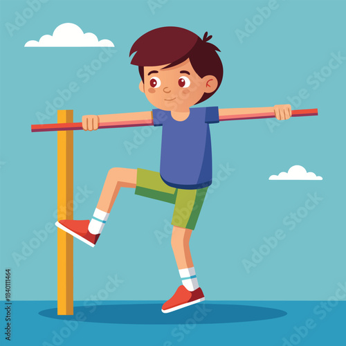 Boy on horizontal bar gymnast training active colorful vector illustration