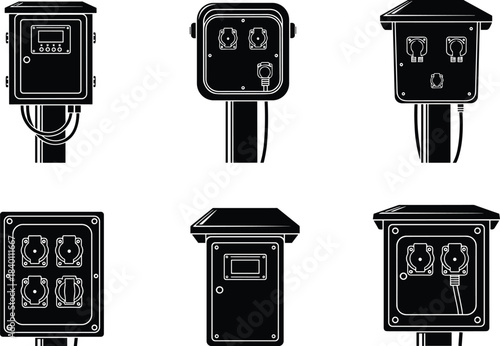 Silhouette set of electrical power distribution boxes, control panels, outlets, sockets, utility units, flat vector