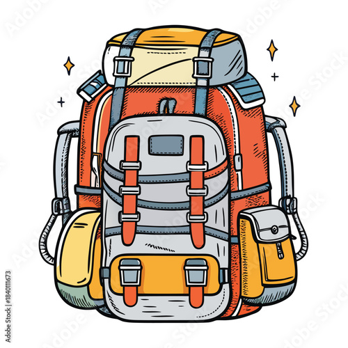 Camping backpack sketch outdoor travel equipment colorful vector artwork