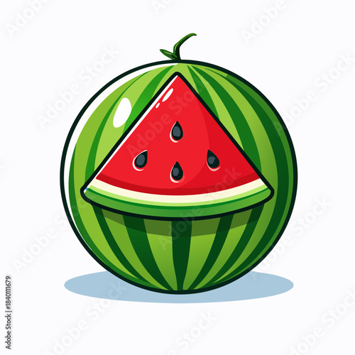 Illustration of a watermelon with a slice cut out, revealing the red flesh and black seeds.
