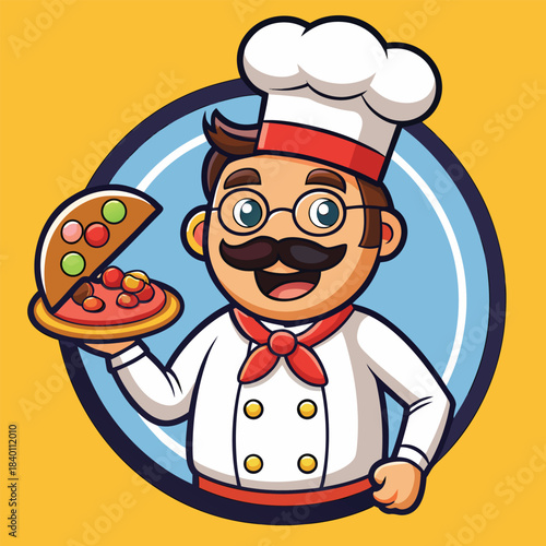 Cartoon pizza chef happy cooking character vibrant colorful vector design