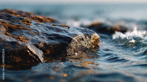 Close-up photograph of a rock in seawater with a clear text area on the right