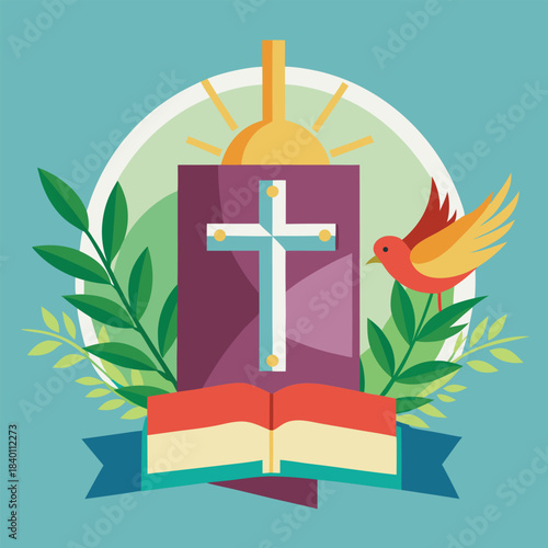 Christian cross with bible and dove spiritual faith themed colorful vector art