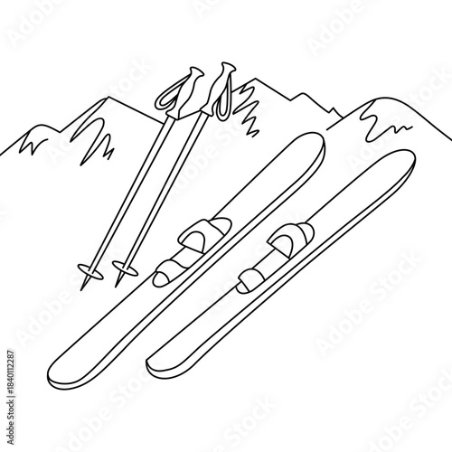 Simple handdrawn ski equipment and majestic mountains line art for winter sport activities and leisure recreation
