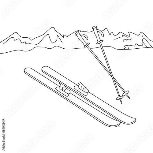 Monochrome outline drawing featuring a pair of skis with poles against a backdrop of mountain peaks ideal for a winter sports coloring book page