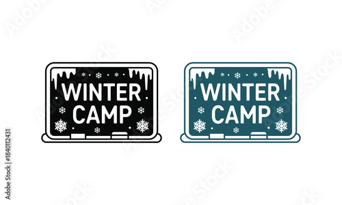 Winter camp event sign with frosty icicles and delicate snowflakes on a chalkboard style badge vector icon illustration