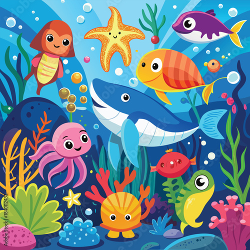 Colorful cartoon marine life background playful underwater scene vibrant vector art