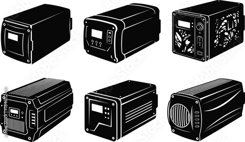 Silhouette set of UPS units, power inverters, control panels, vents, backup systems, energy icons, flat vector