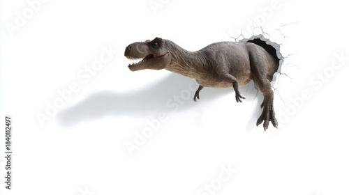 A dinosaur bursts through a wall in this fun and imaginative image. This creative art piece combines humor and fantasy. Perfect for kids or playful themes. AI