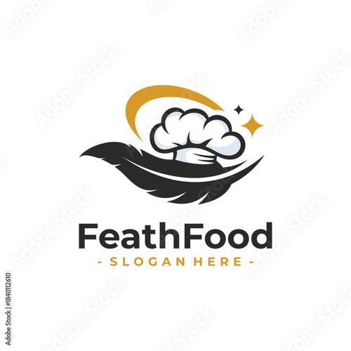 Feather Food logo design template. Feather icon with chef cap combination. Concept for oriental restaurant, cafe, food services, etc.