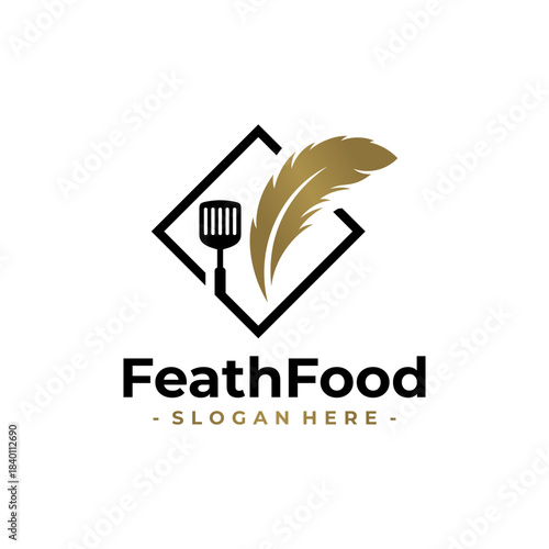 Feather Food logo design template. Feather icon with spatula combination. Concept for oriental restaurant, cafe, food services, etc.
